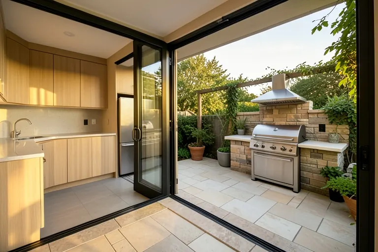 Sliding glass doors opening from kitchen to patio with grill