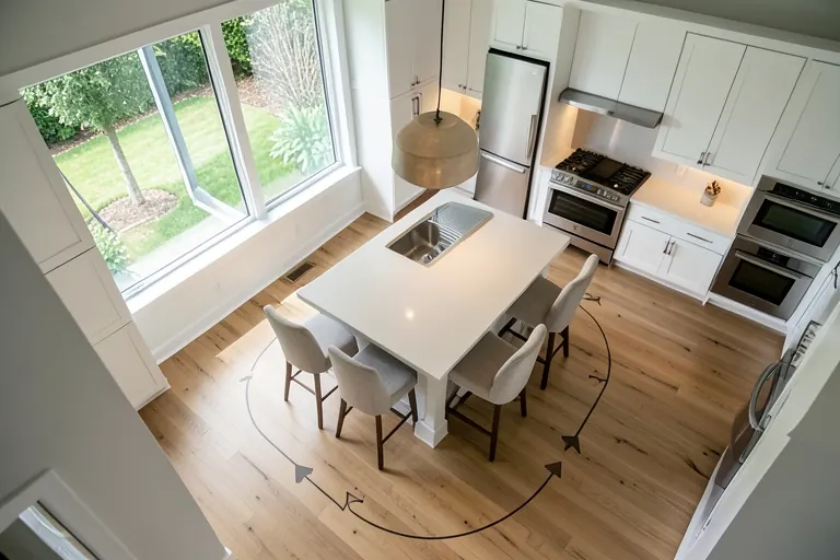 Floor plan view showing clear pathways around a kitchen island