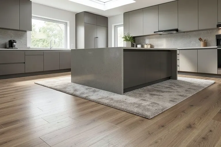 Luxury vinyl plank flooring with a low‑pile rug near the island