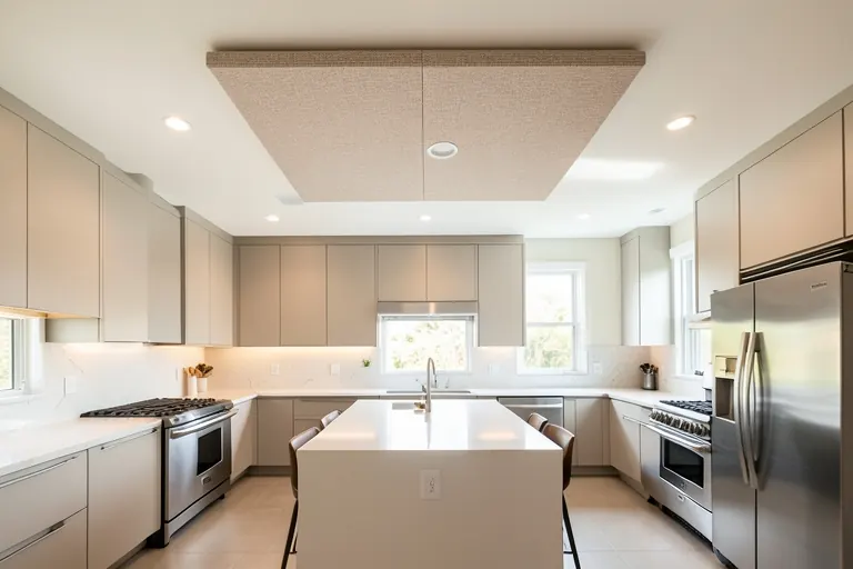 Fabric‑wrapped acoustic panel installed above kitchen island