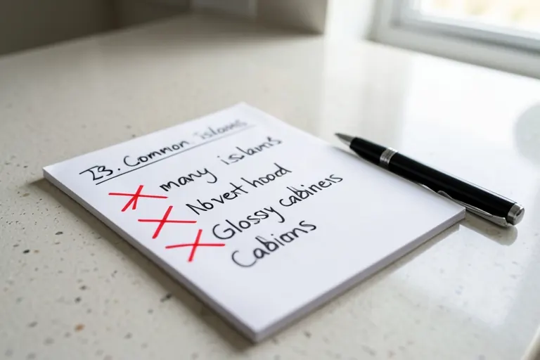 Checklist of kitchen design mistakes with red X marks