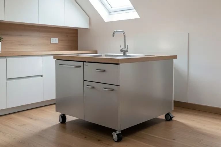 Compact kitchen island with built‑in sink and storage drawers