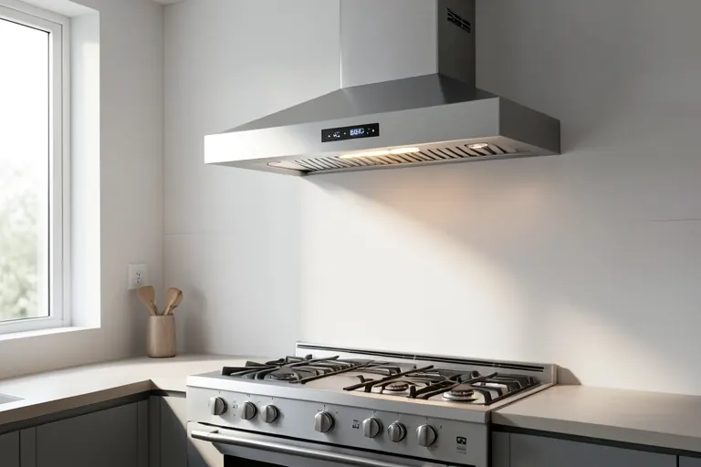 Modern vent hood above a stove with a digital airflow display