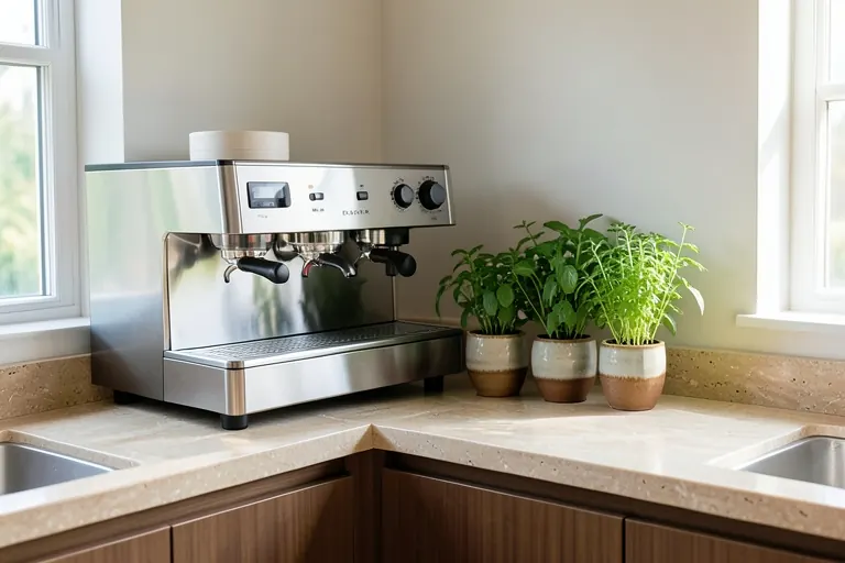 Coffee bar with built‑in espresso machine and herb planters