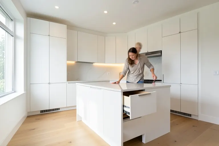 Flat‑panel white cabinets with soft‑close hinges