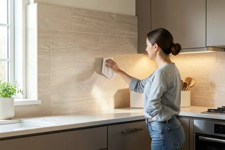Large‑format porcelain tile backsplash with subtle texture