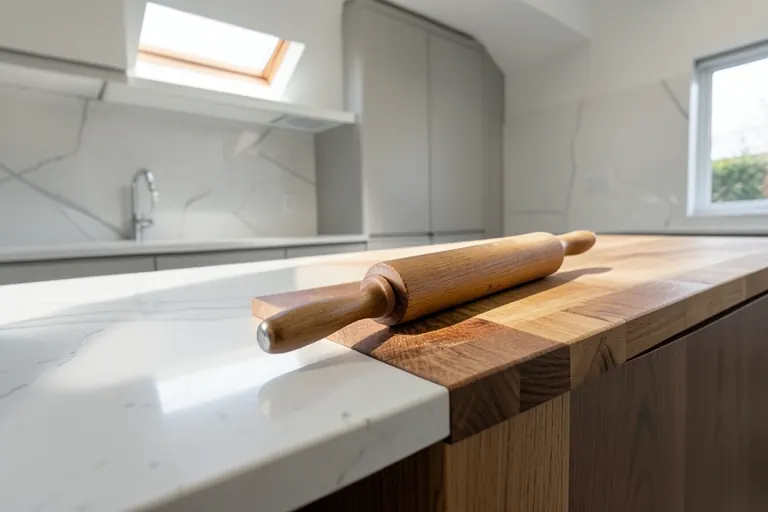 Quartz countertop adjoining a wooden butcher block island