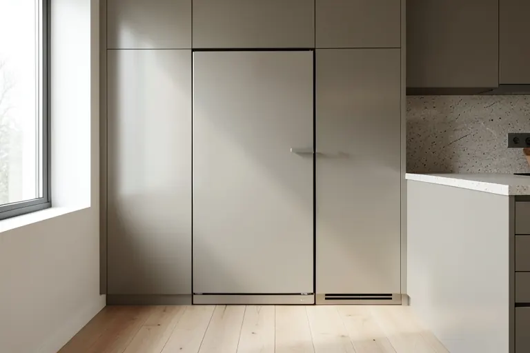 Built‑in refrigerator concealed behind cabinet panels