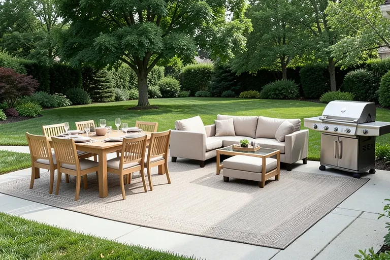 Backyard patio divided into dining, lounge, and grilling areas