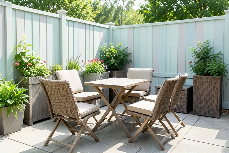 Small patio with folding furniture and vertical planting
