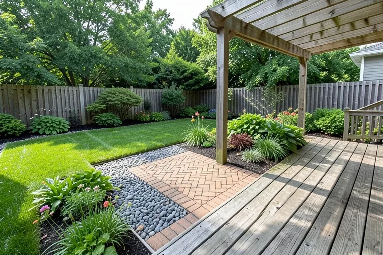 Patio connecting pavers, gravel, lawn, planting beds, and deck