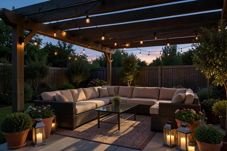Covered patio with seating, shade, lighting, and container plants