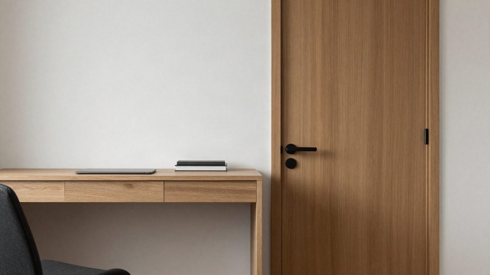 A modern home office desk situated near a closed solid wooden pocket door for soundproofing.