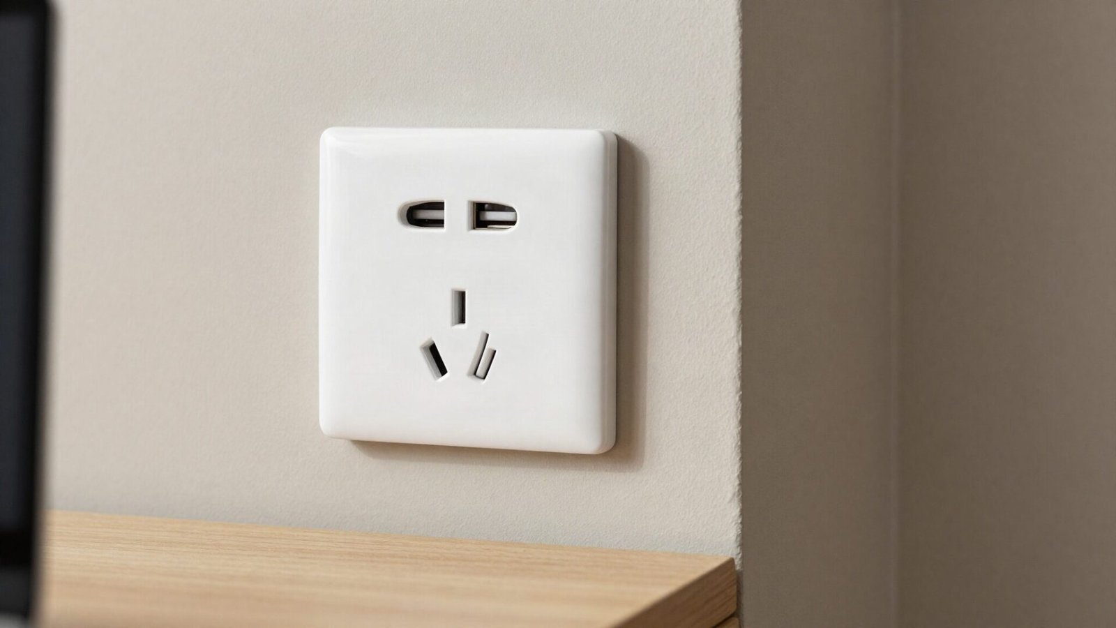 GFCI wall outlet with integrated USB ports installed near a bathroom office workstation.