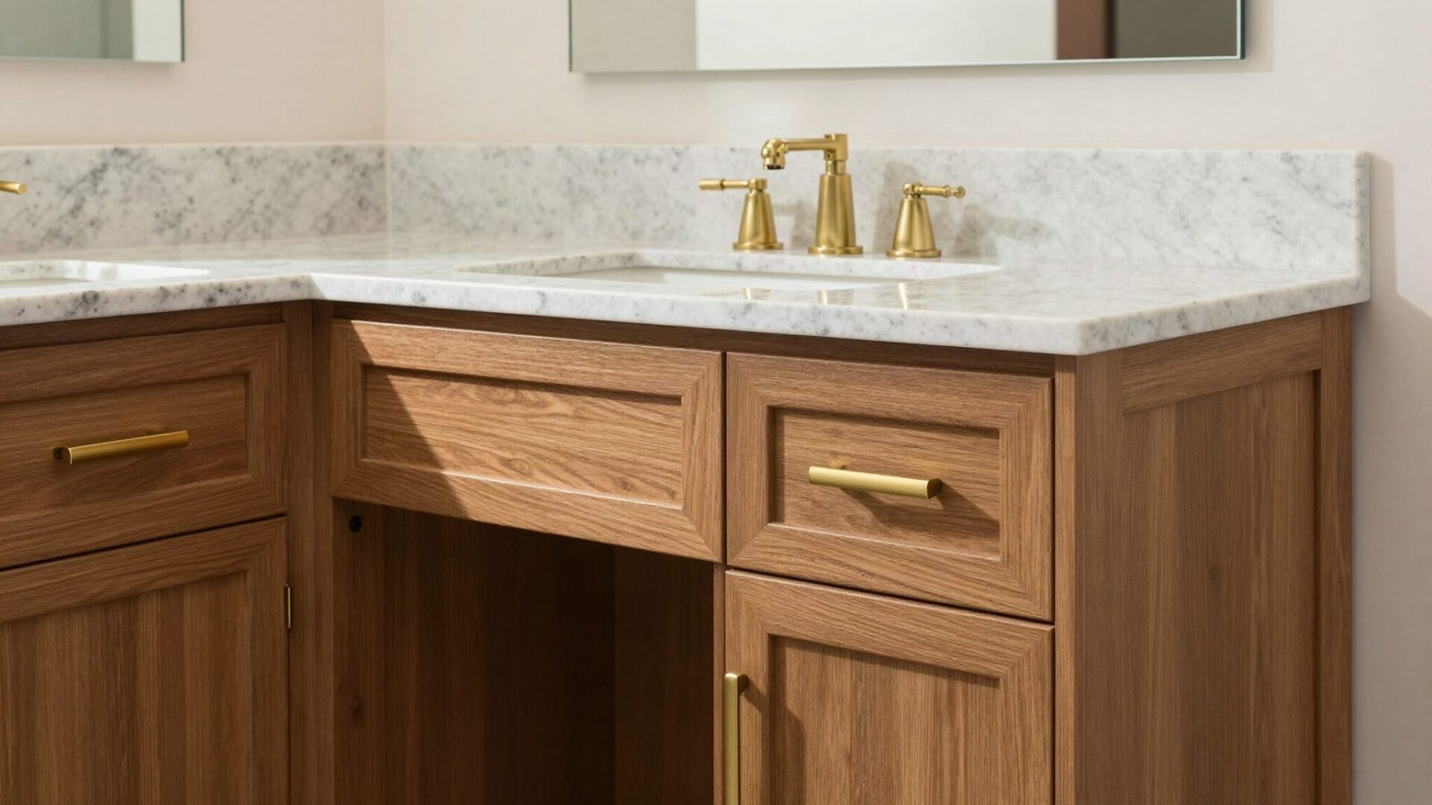 Custom marine-grade teak cabinetry desk unit built into a small moisture-prone bathroom space.