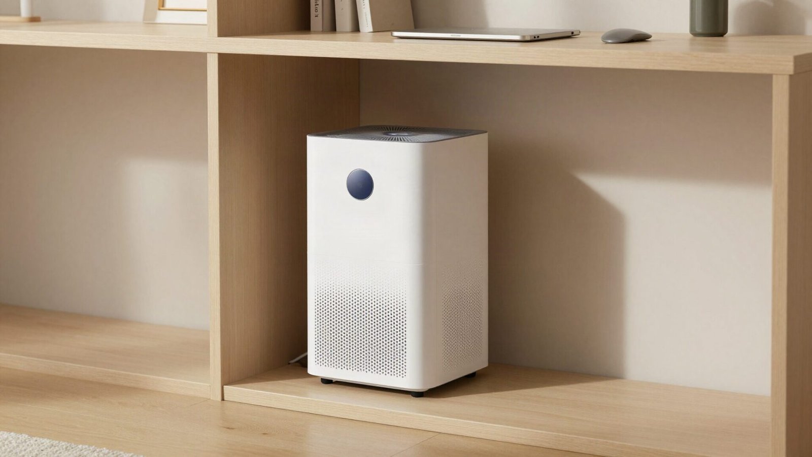 Compact dehumidifier with continuous drain hose installed in a bathroom home office niche.