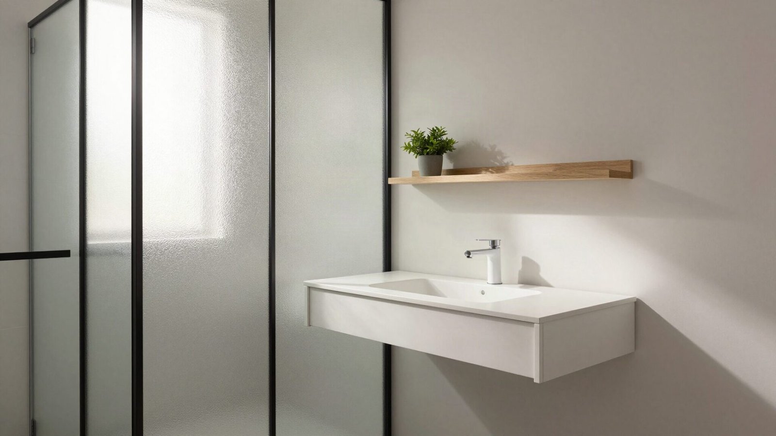 Frosted glass partition wall separating a compact home office desk area from a modern bathroom shower enclosure.