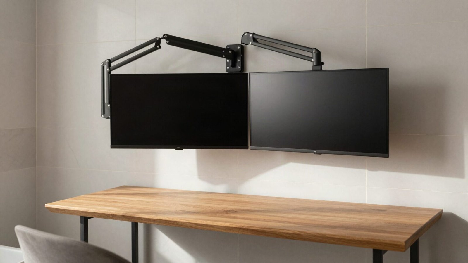 Articulated wall-mounted dual monitor arm supporting computer screens above a small wooden desk in a compact space.