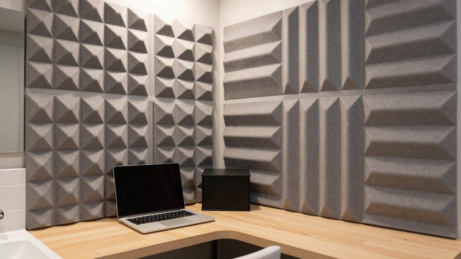 Charcoal gray PET felt acoustic panels mounted on a wall behind a compact desk setup in a small bathroom office.