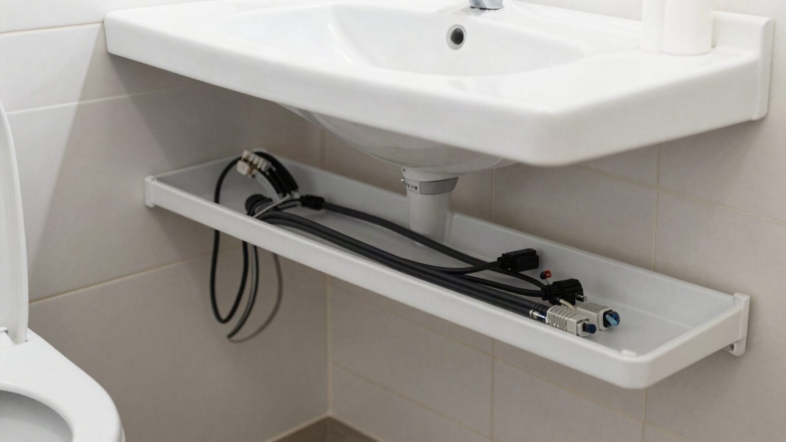 Surface-mounted white cable raceway running neatly along a wall under a desk to keep wires organized and protected.