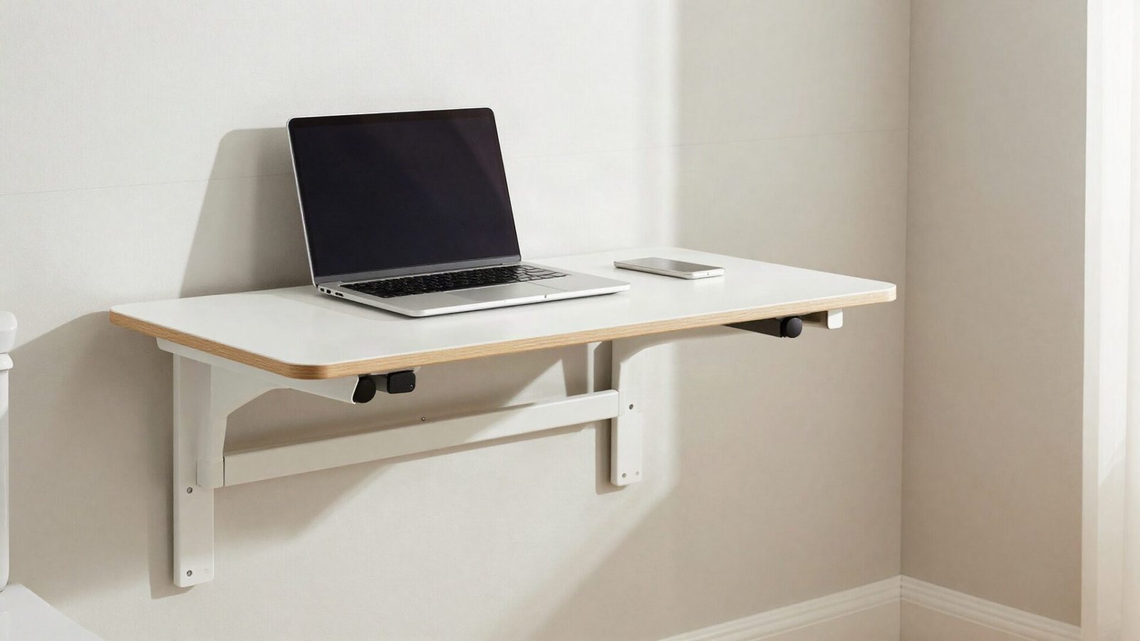 Wall-mounted motorized sit-stand desk in a modern compact bathroom setup.
