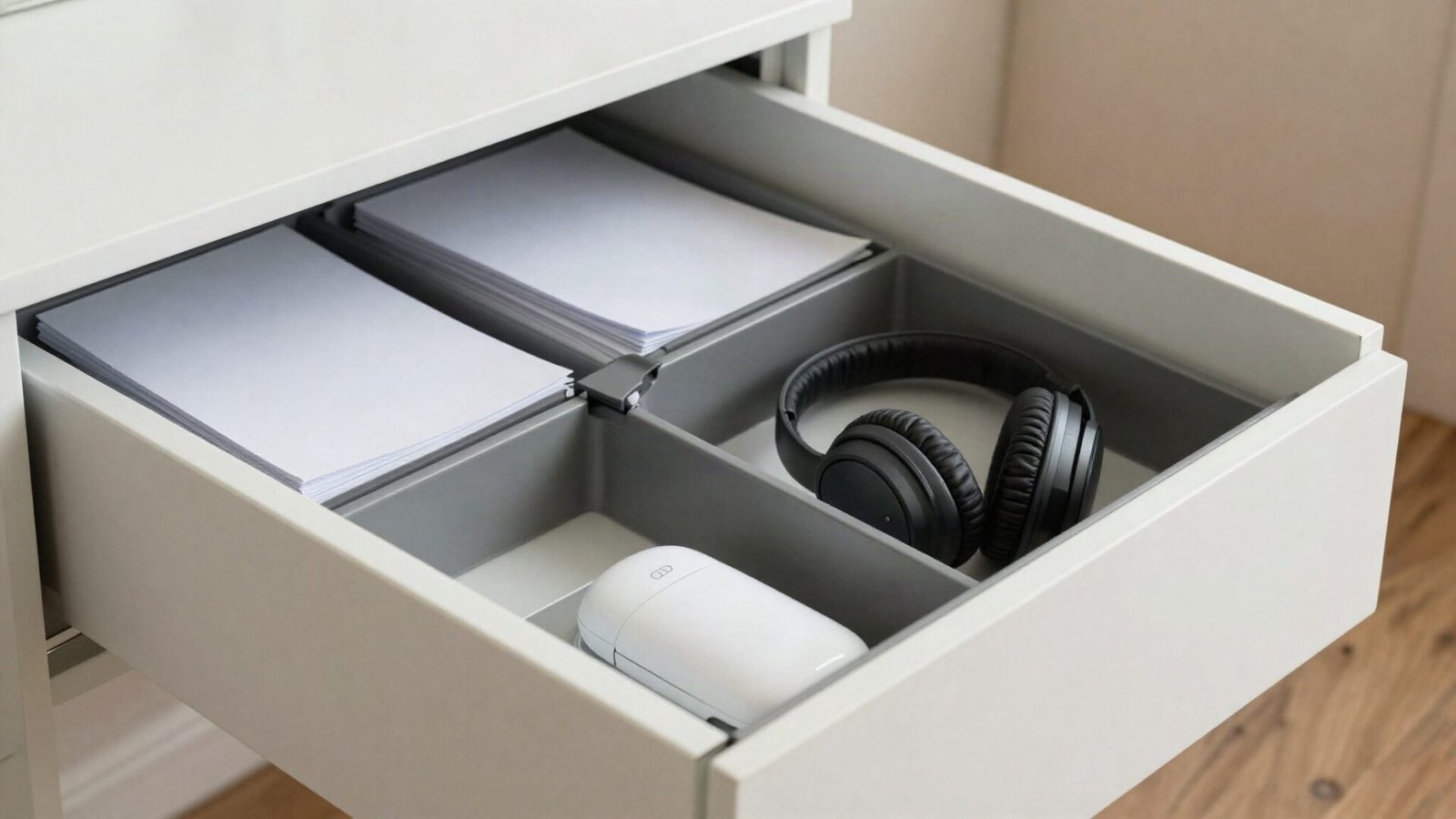 Sealed vanity drawer organizing office supplies and electronics safely in a bathroom.