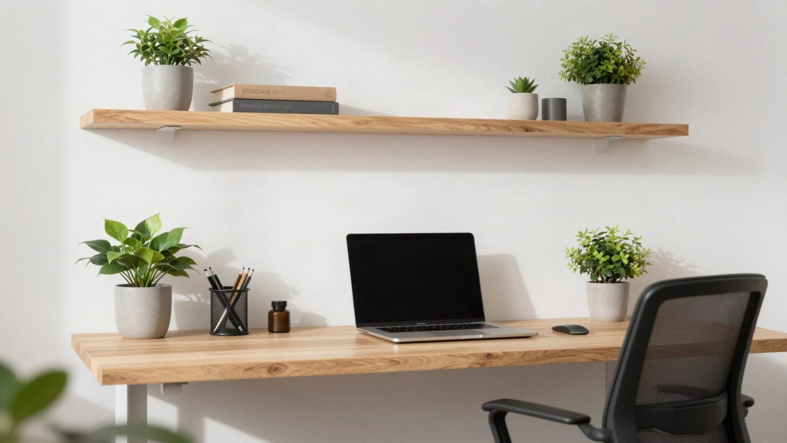 An organized home office desk set against a quiet interior wall away from bathroom pipes.