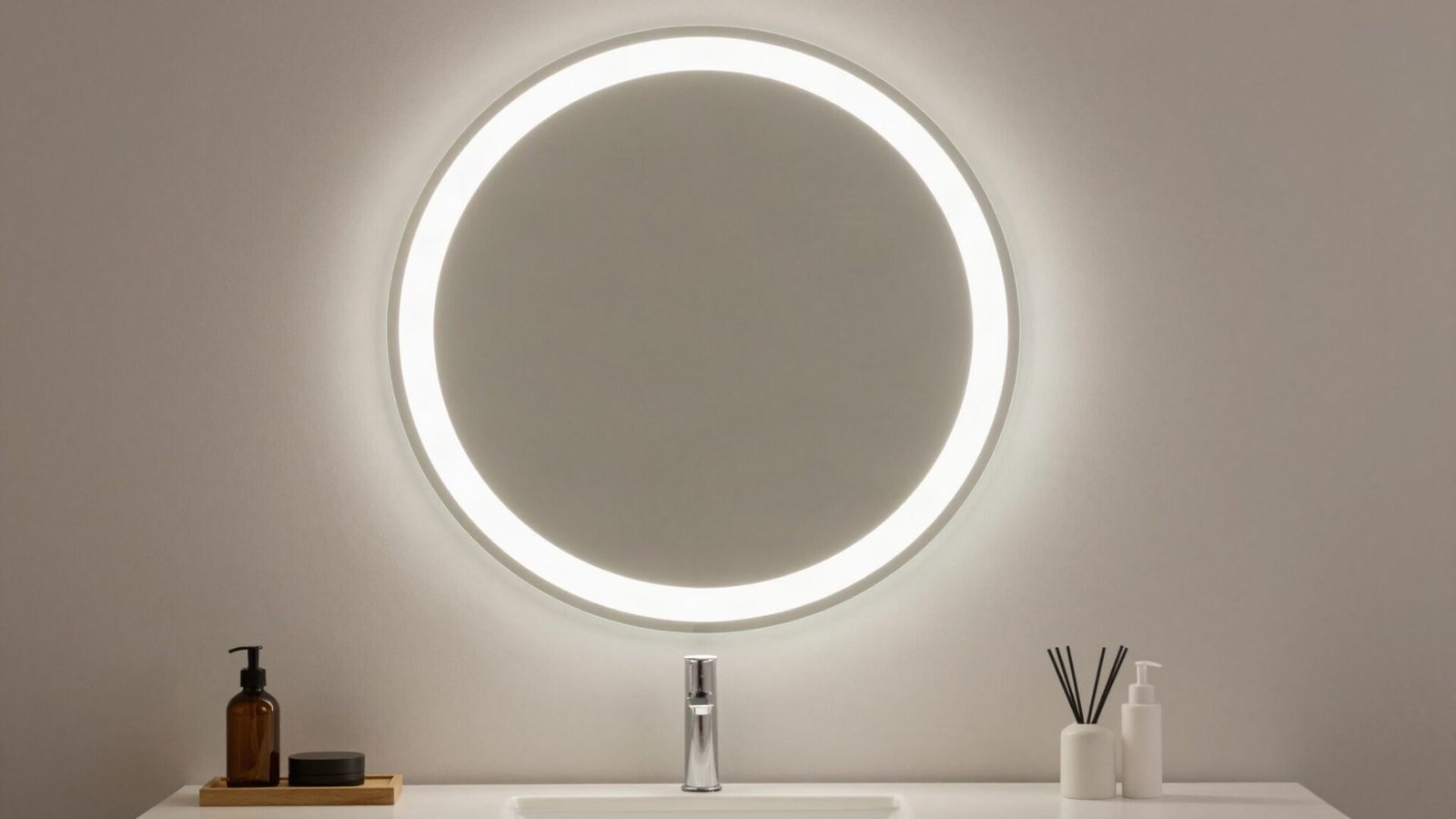 Flush anti-fog bathroom mirror with built-in dimmable ring light lighting up a workstation.