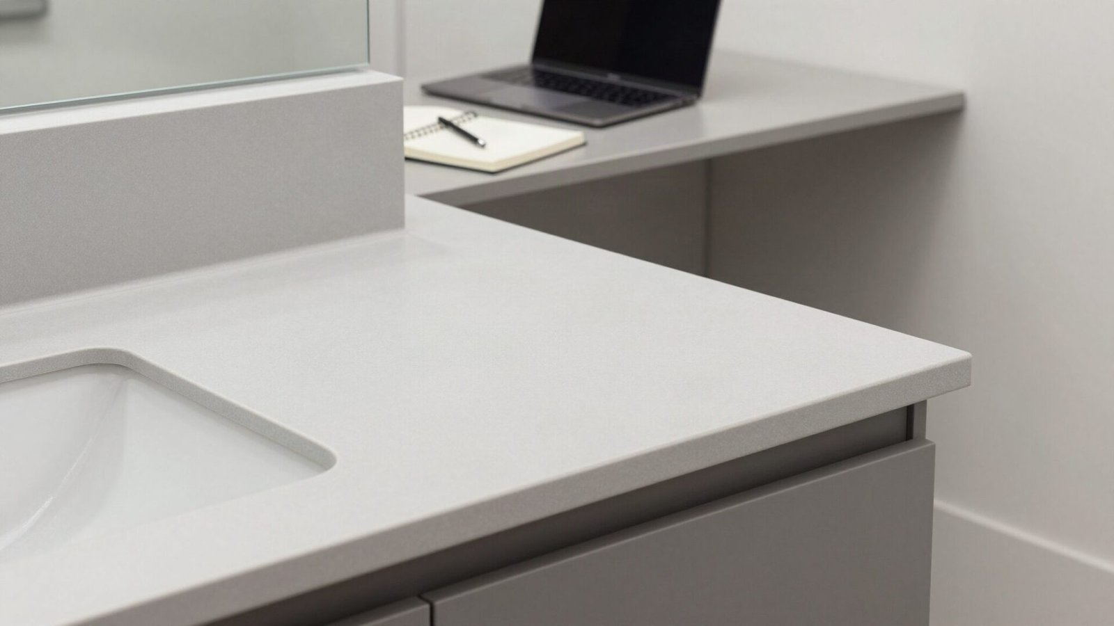 Continuous solid surface countertop functioning as both a bathroom vanity and home office desk.