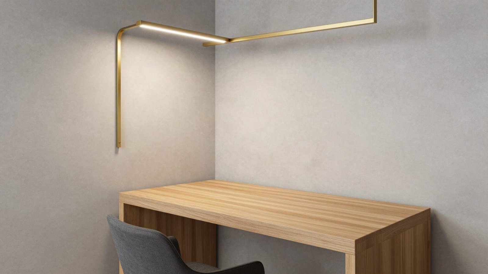 A moisture-resistant home office desk nook with durable micro-cement wall finishing.