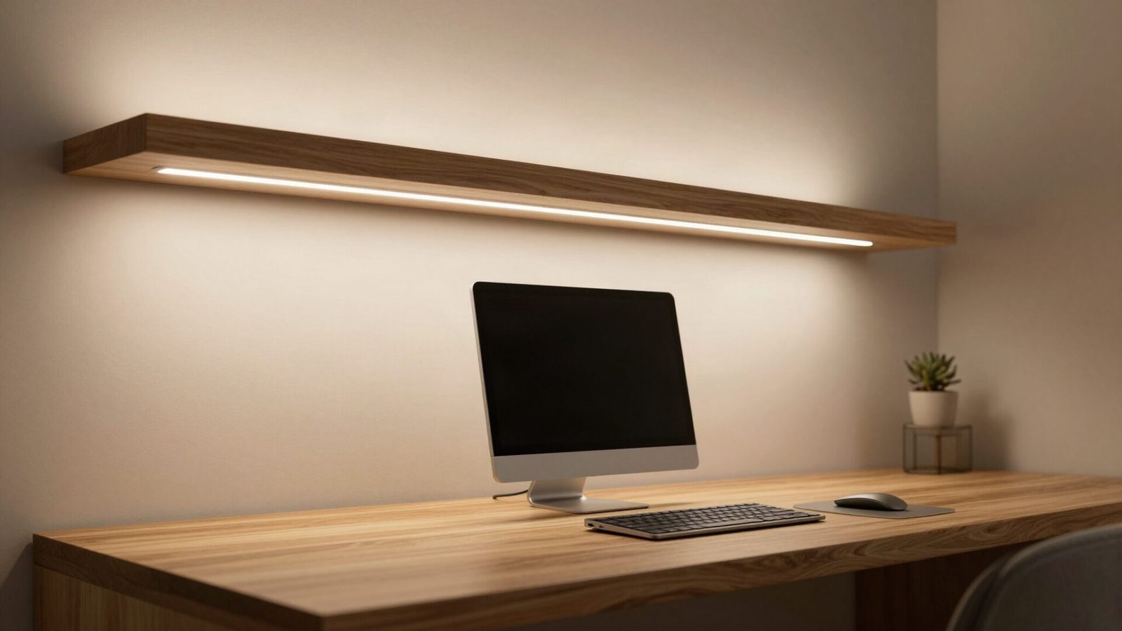 A modern home desk with dedicated overhead linear LED task lighting for screen work.