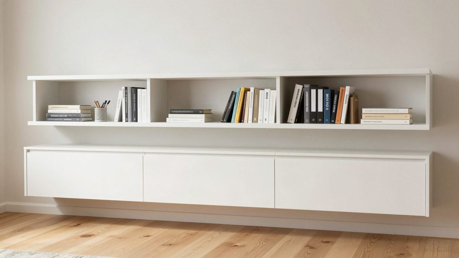 Floating wooden cabinets and shelves mounted above the floor in a compact workspace.
