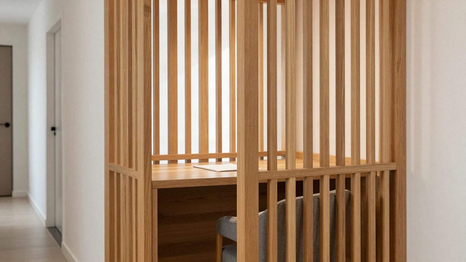 A vertical wooden slat screen partitioning a compact home office nook for visual privacy.