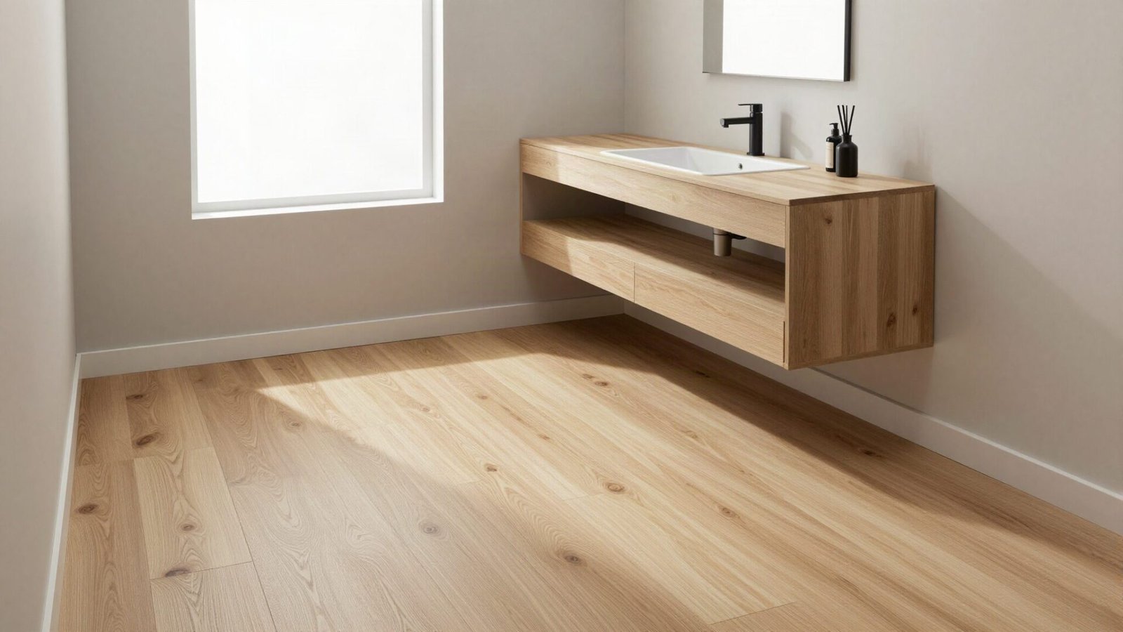 Light oak waterproof rigid core vinyl flooring in a compact dual-purpose bathroom and home office layout.