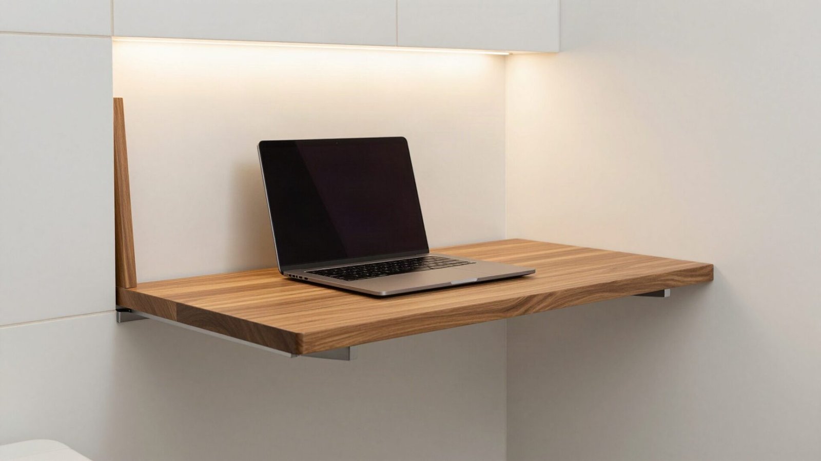 Wall-mounted wooden drop-leaf desk folded open in a small home office and bathroom space.