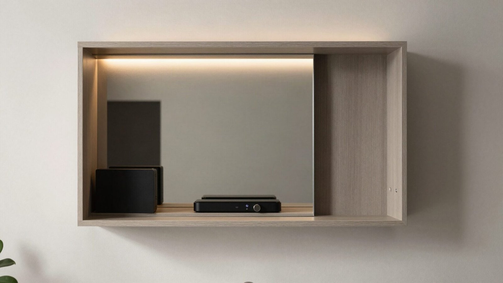 Recessed anti-fog mirrored medicine cabinet concealing electronics in a hybrid bathroom home office.