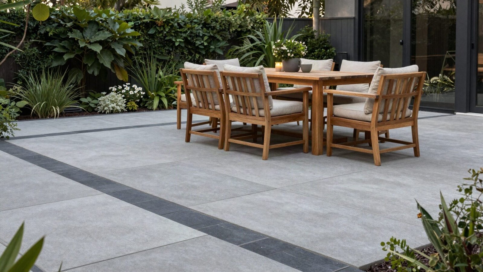 Modern backyard patio paved with multi-format concrete pavers featuring an outdoor dining set and dark paver border.
