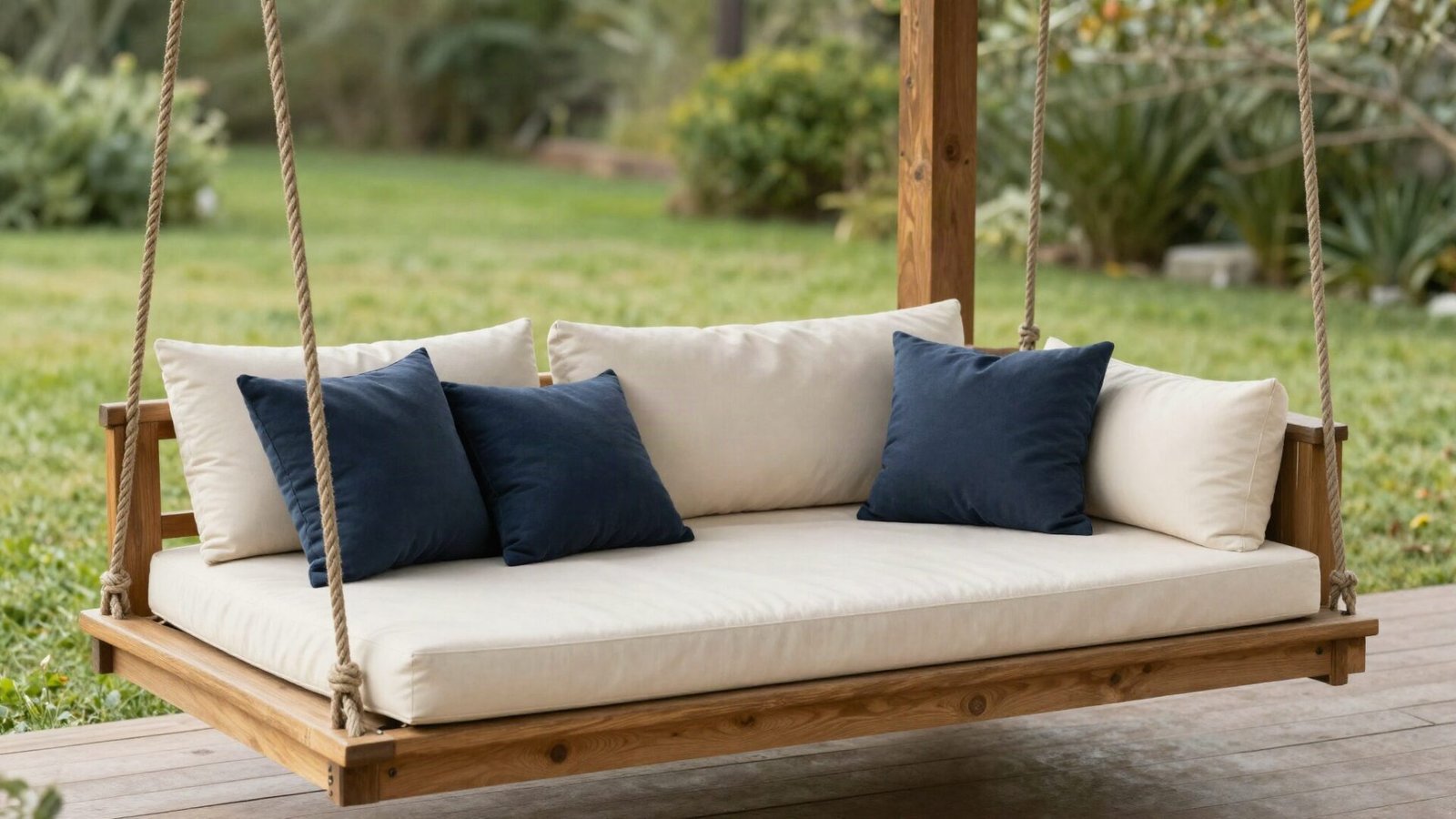 Suspended wooden daybed swing with outdoor cushions beneath heavy timber patio beams