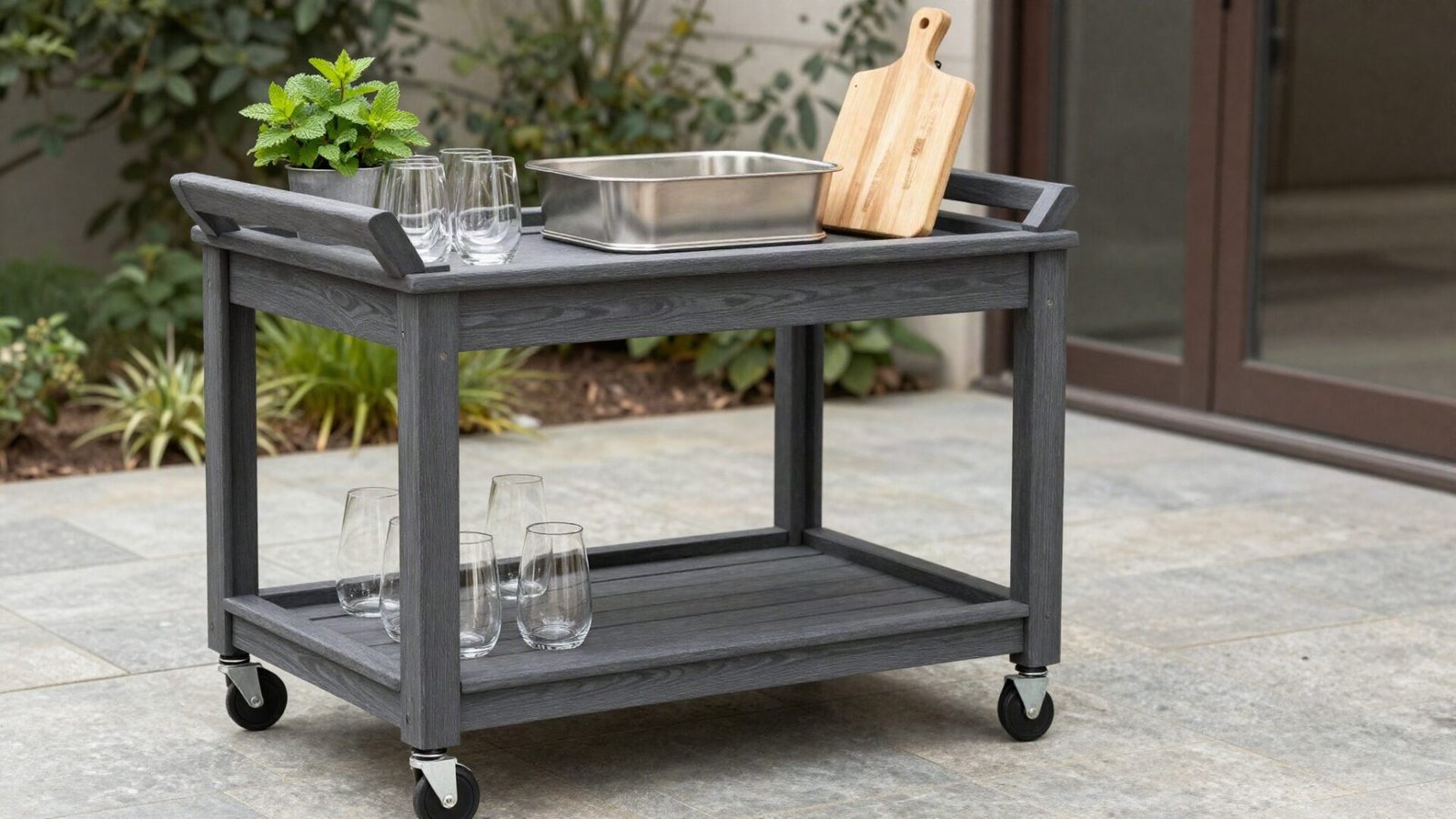 Weatherproof outdoor bar cart stocked with glassware and ice bucket on a stone patio