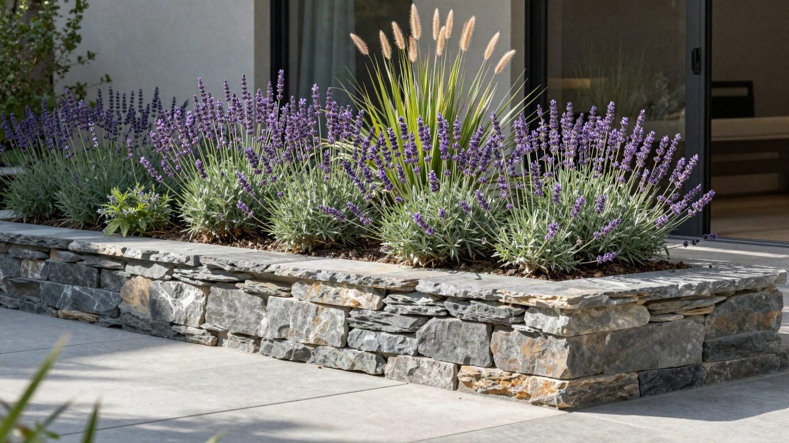 Tiered stone retaining wall with vibrant native flower beds along a concrete paver patio