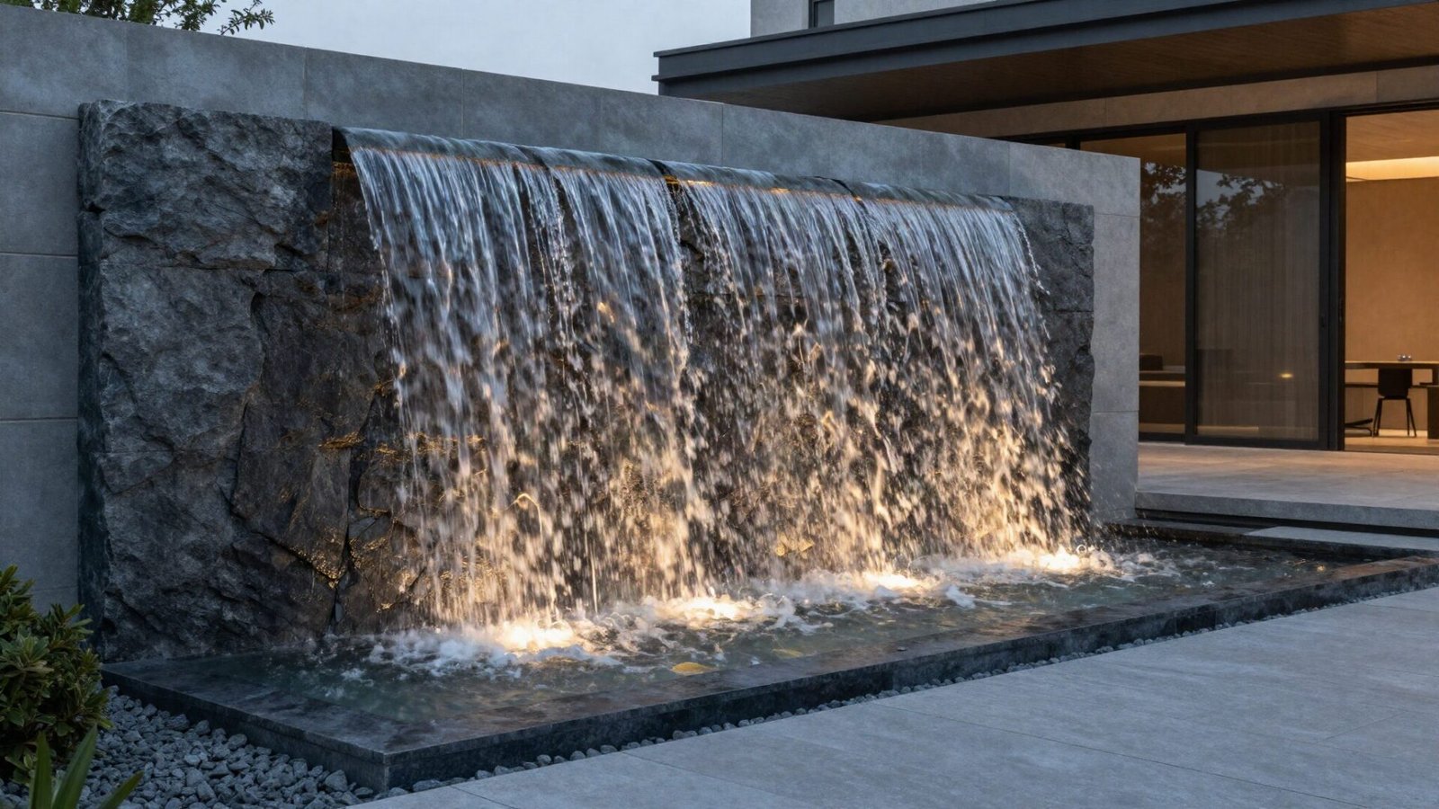 Architectural slate water wall feature glowing under warm outdoor evening lights