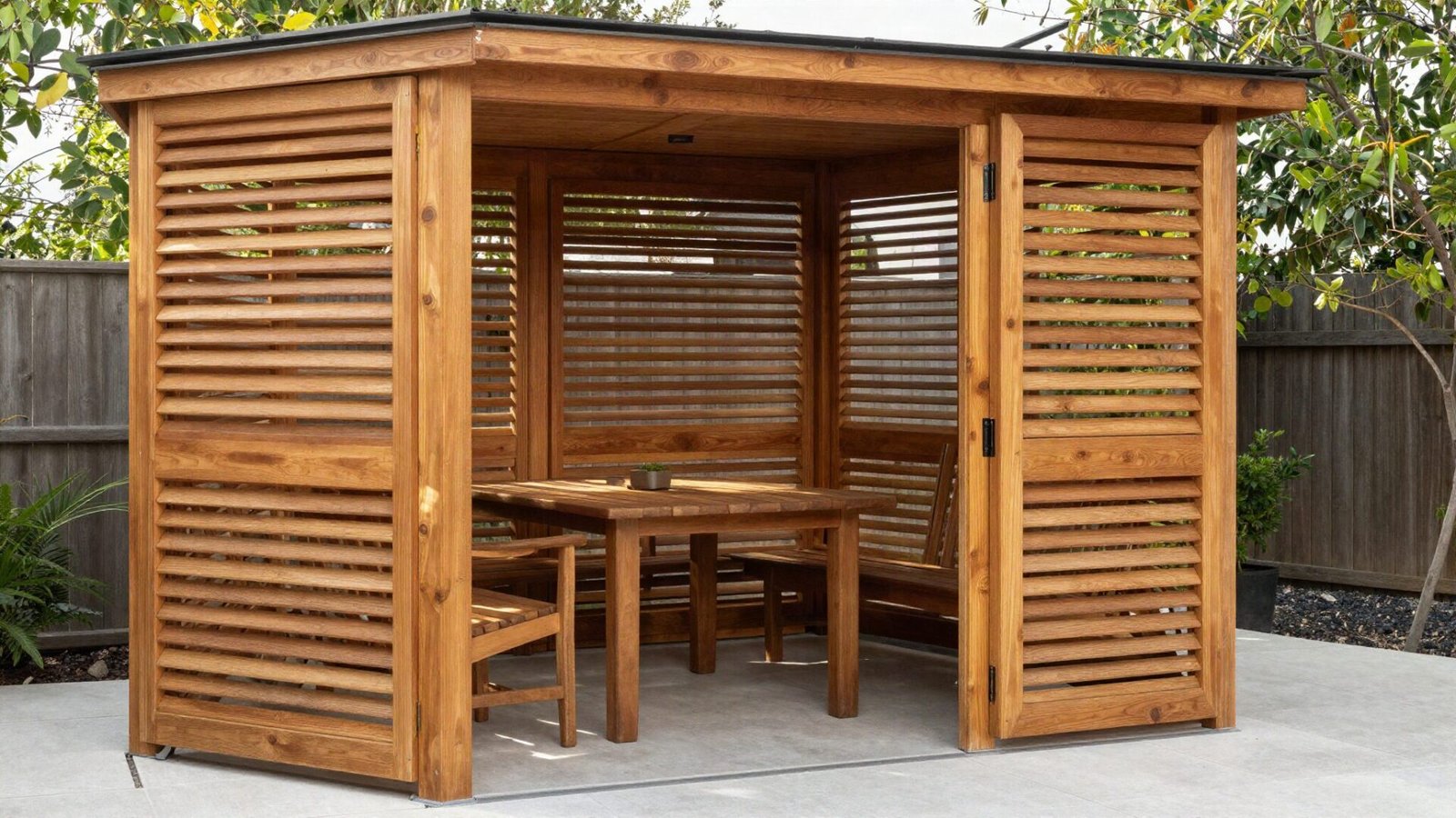 Adjustable wooden privacy louvers providing shade and privacy around a patio dining table