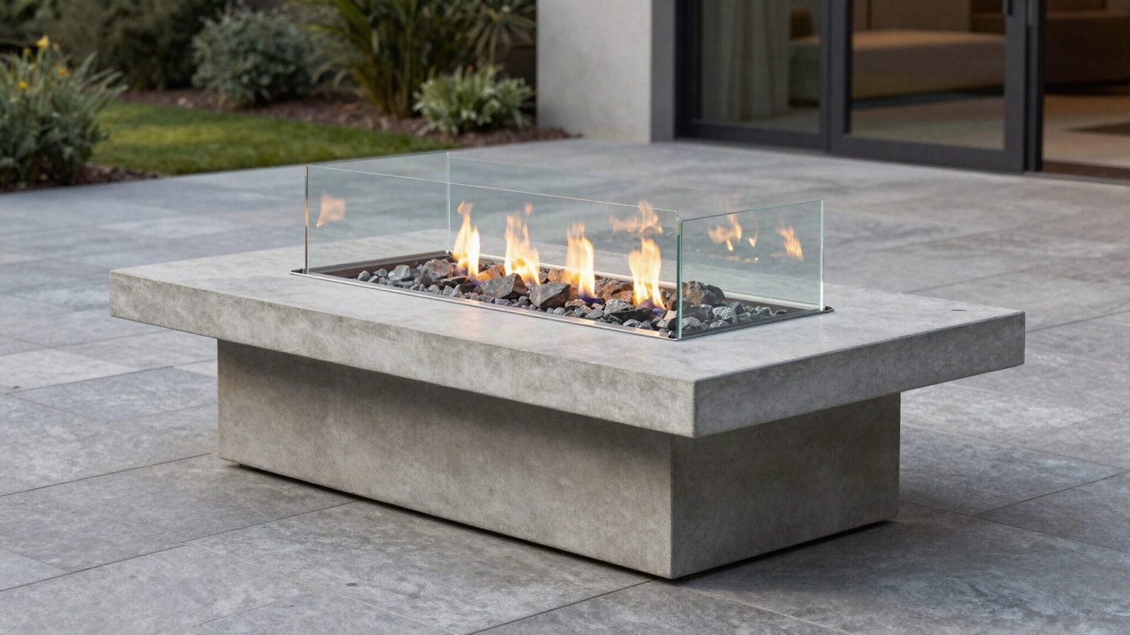 Modern gas fire table with glass guard glowing brightly on a natural flagstone patio surface