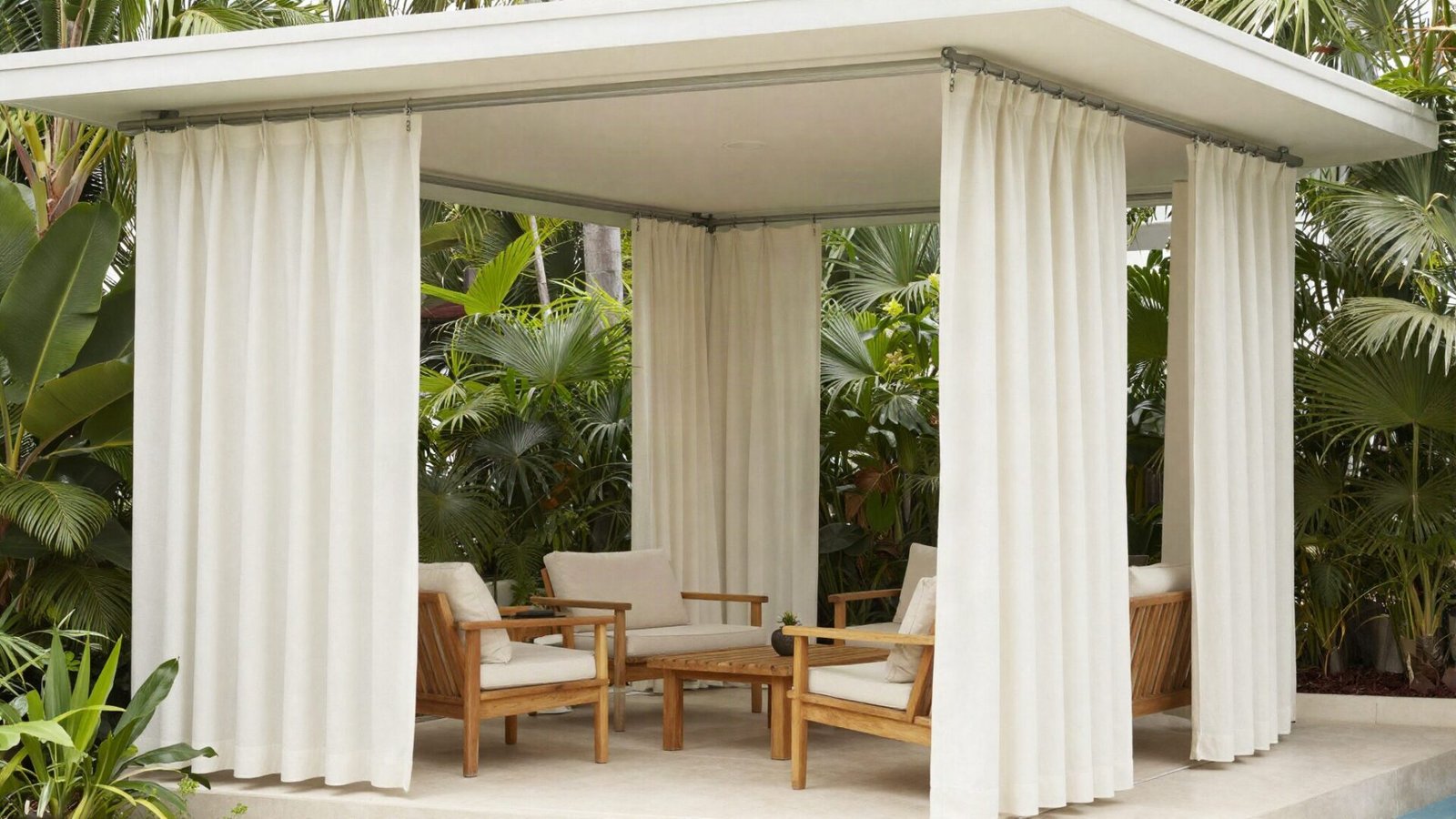 All-weather white outdoor curtains hanging from stainless steel track on a covered patio