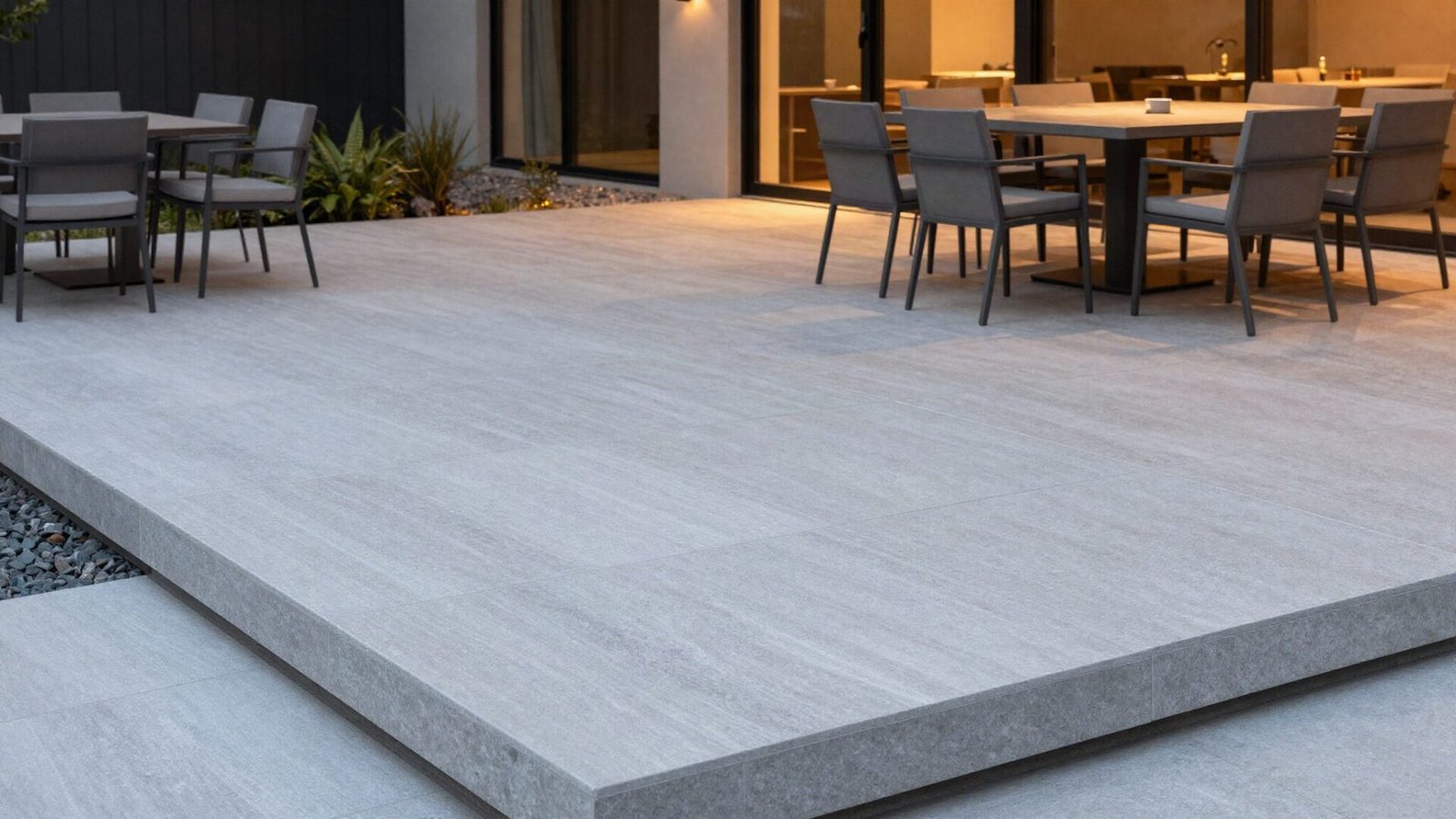 Large light gray porcelain pavers elevated on a modern patio deck adjacent to outdoor furniture.