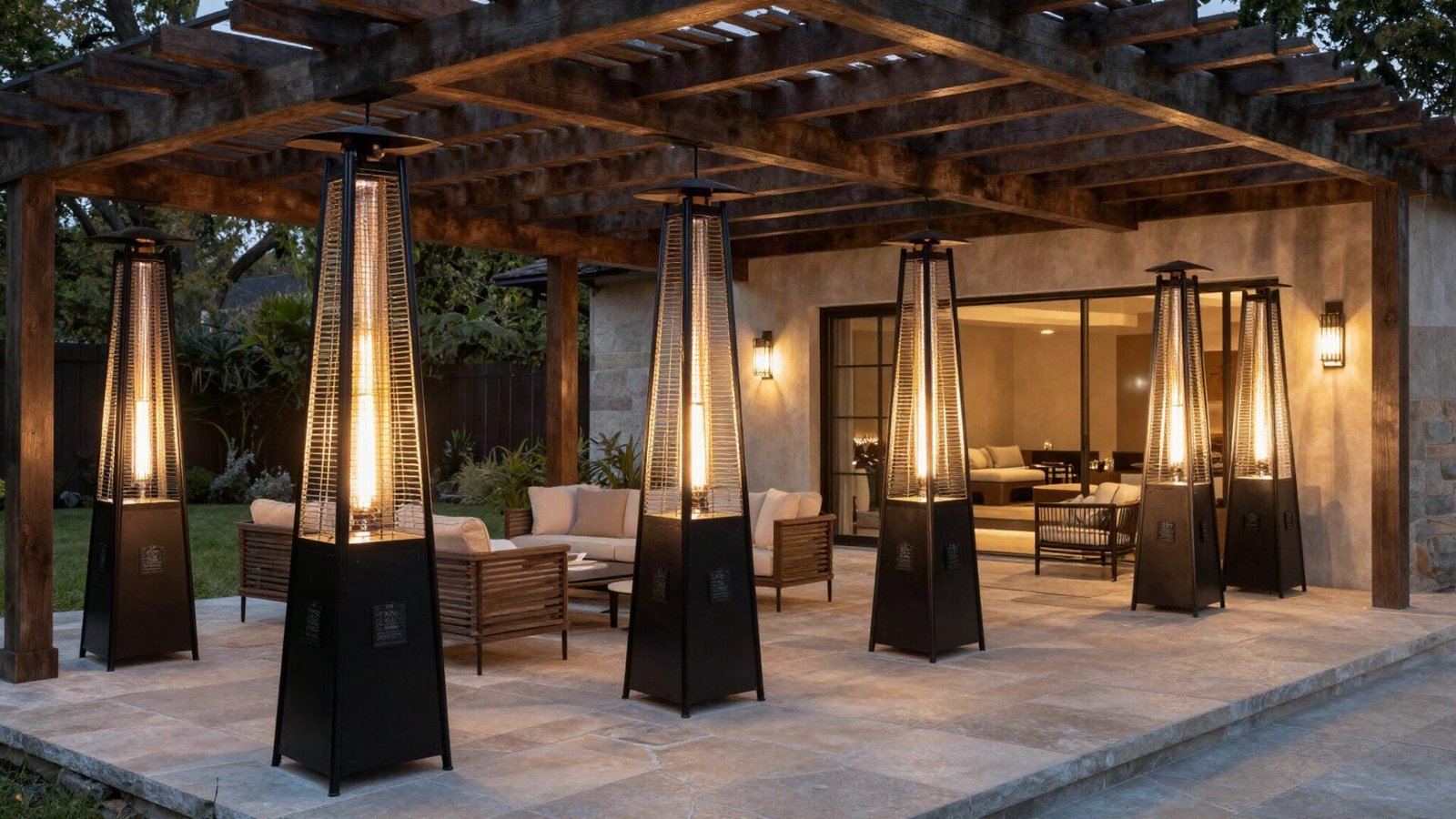 Slender black infrared heater installed overhead on cedar pergola beams above a stone patio lounge.