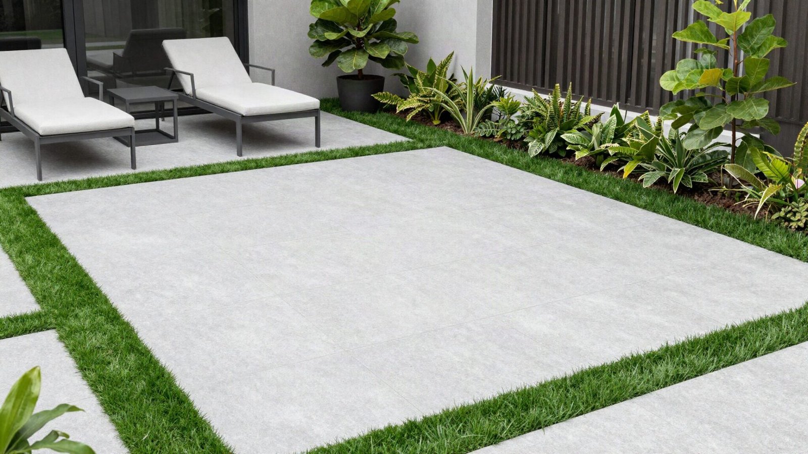 Large grey square pavers embedded within neat strips of green artificial grass on a modern patio deck.