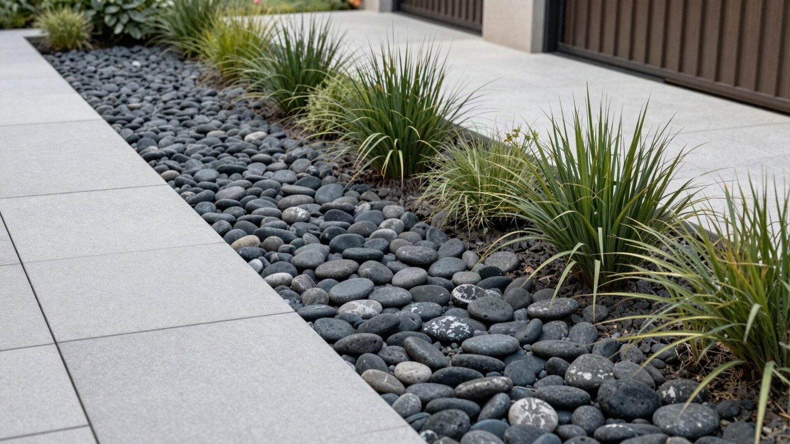 Smooth dark stone gravel drainage swale bordering a modern paver patio with native ornamental grasses.
