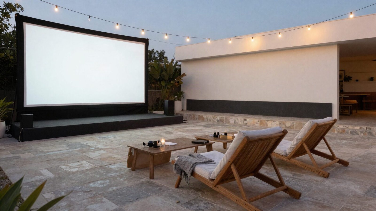 Large outdoor projector screen setup on a flagstone patio with cozy lounge seating and ambient string lights.