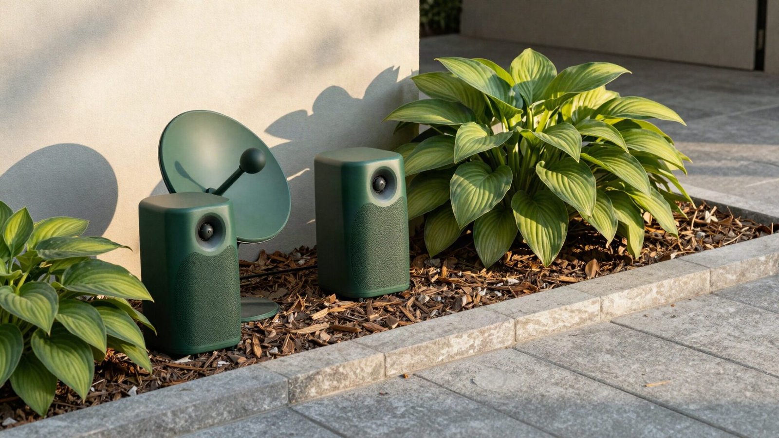 Compact satellite speaker hidden among garden plants and mulch alongside a stone patio edge.